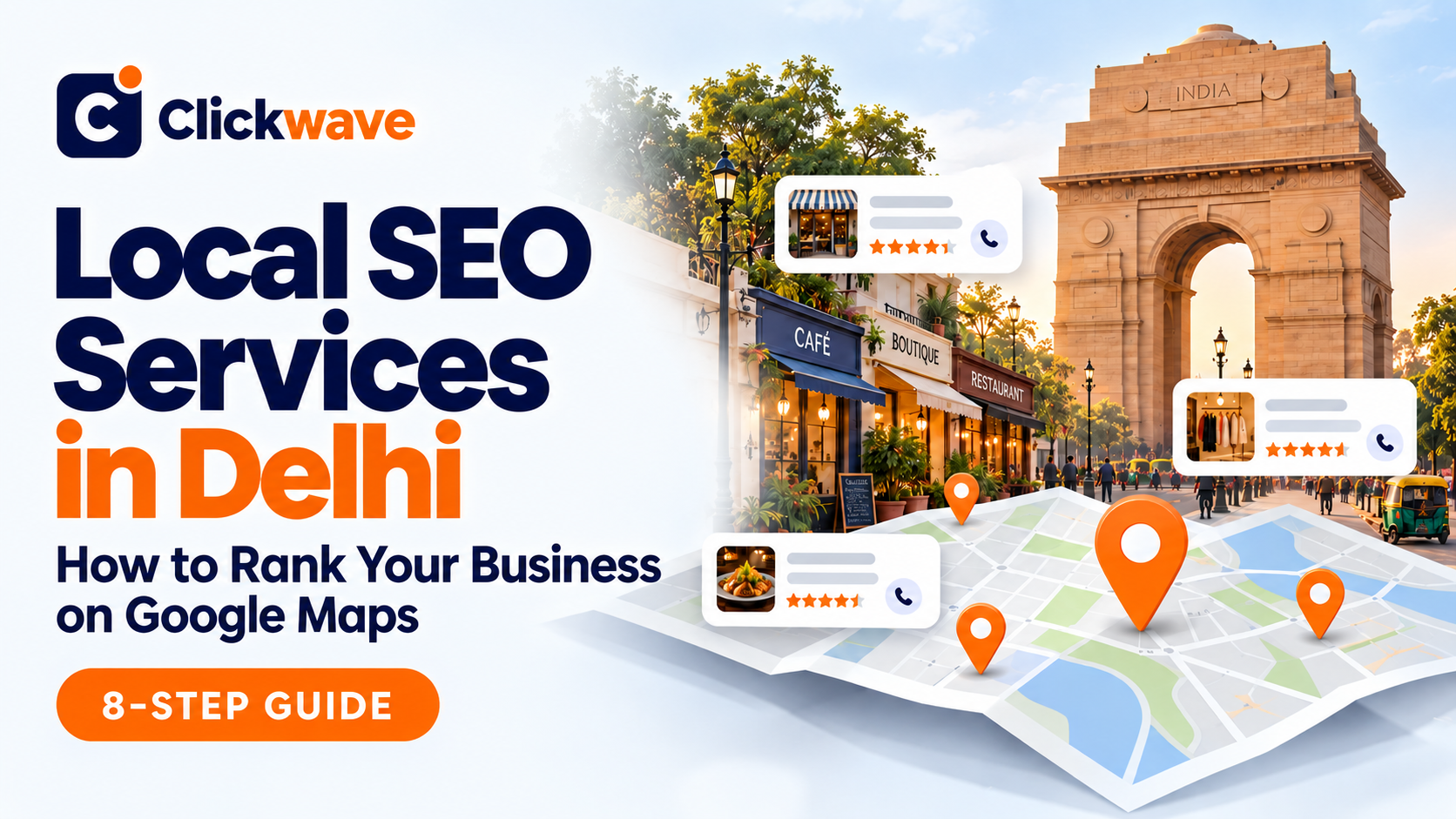 Local SEO services in Delhi: Google Maps local pack showing three Delhi businesses
